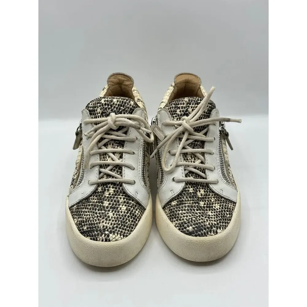 GIUSEPPE ZANOTTI Frankie Sneakers Lizard Emboss Leather White Beige Sz 38/US 7.5